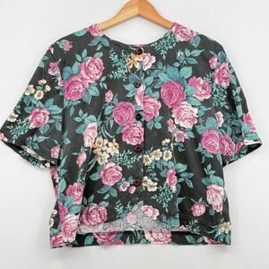 Fritzi California Floral Boxy Top Women Large Black Pink Vintage 90s Cottagecore